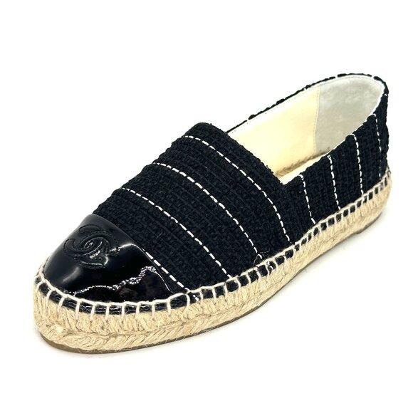 CHANEL 15S 2015 Classic Tweed Patent Cap Toe CC Logo Espadrilles Flats Shoes - Picture 5 of 16